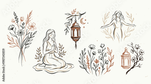 Bohemian illustration set of spiritual women meditating and floral elements with lanterns and moon, line art in earthy tones for wellness and yoga themes