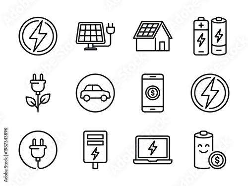 Solar energy and green power line icons set with electric vehicles and sustainable technology eco friendly electric vehicle car smart home charging station carbon neutral climate chang