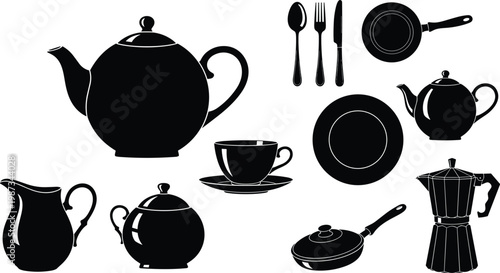 Flat vector illustration, kitchenware silhouettes, teapot coffee pot moka pot cup saucer sugar bowl milk jug frying pan plate cutlery artwork