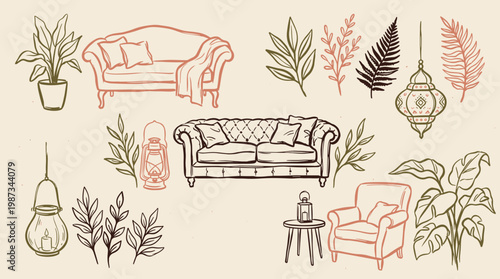 Bohemian living room decor sketch with plants sofas armchairs and lanterns in a hand drawn style