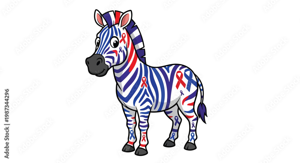 Fototapeta premium Cartoon zebra with red white blue awareness ribbons illustration isolated on white background