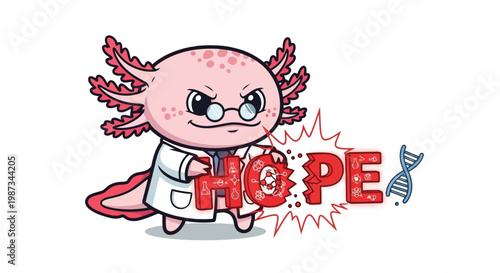 Axolotl scientist breaking through hope text isolated on white background