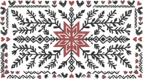 Border floral rug seamless pattern repeating fabric design pixel art cross stitch grid vector