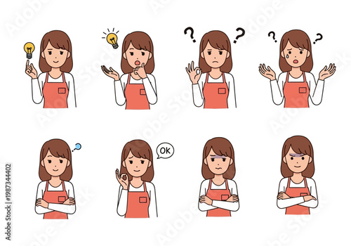 Character Set of a Woman in Apron with Various Facial Expressions and Hand Gestures