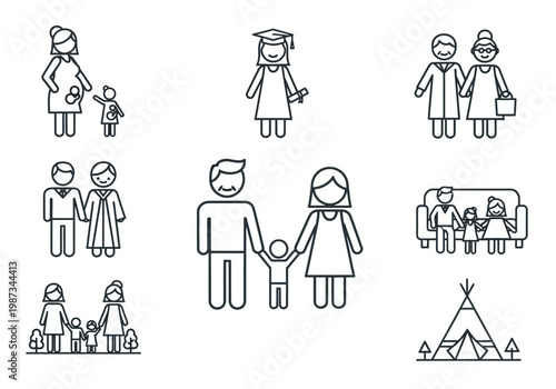 Family Life Cycle and Human Relationships Icon Set: Minimalist Line Art Illustrations of Parenting, Graduation, Pregnancy, and Senior Living