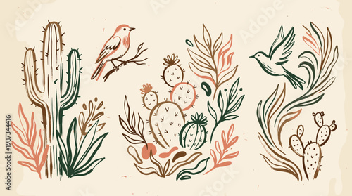 Bohemian desert illustration with whimsical birds and stylized cacti in earthy tones, perfect for boho decor and natural themes
