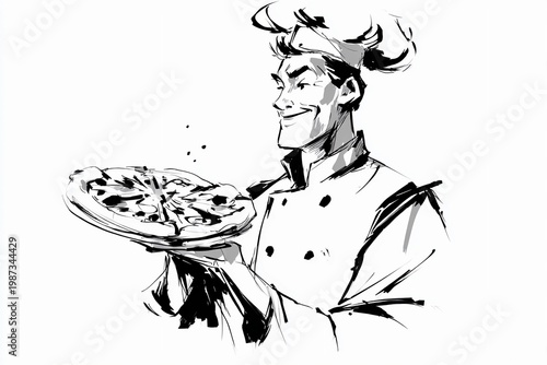 Kitchen scene with chef holding pizza, combining food preparation and presentation in a clean professional setting