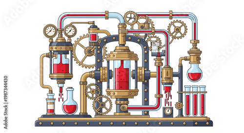 Intricate steampunk laboratory machine with pipes and gears illustration isolated on white background