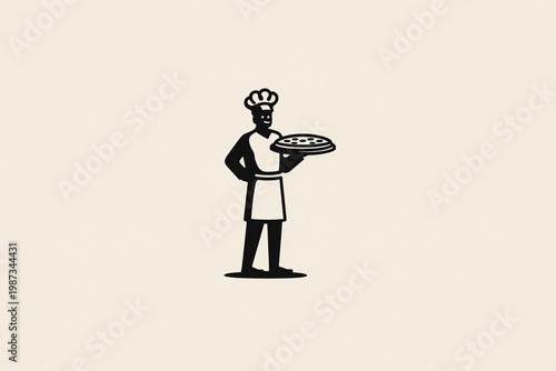 Kitchen scene with chef holding pizza, combining food preparation and presentation in a clean professional setting