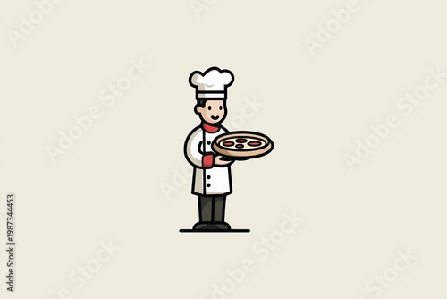 Kitchen scene with chef holding pizza, combining food preparation and presentation in a clean professional setting