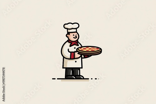 Kitchen scene with chef holding pizza, combining food preparation and presentation in a clean professional setting