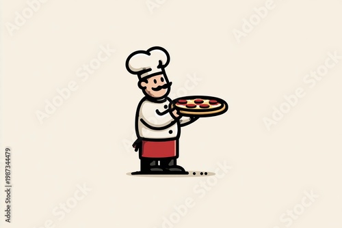 Kitchen scene with chef holding pizza, combining food preparation and presentation in a clean professional setting