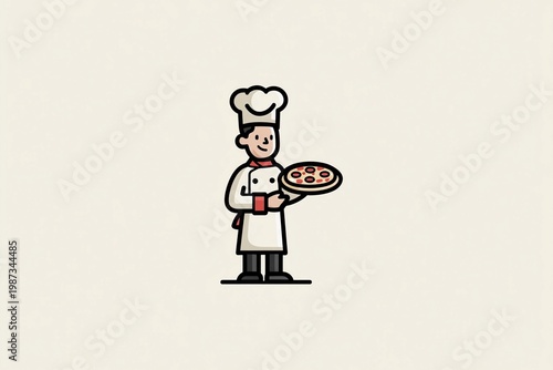 Kitchen scene with chef holding pizza, combining food preparation and presentation in a clean professional setting