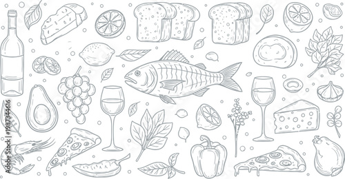 Hand drawn food and drink vector pattern with fish, wine, cheese, pizza, bread, fruits and vegetables