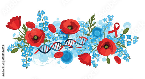 Poppies forget-me-nots DNA and blood drops abstract floral arrangement isolated on white background
