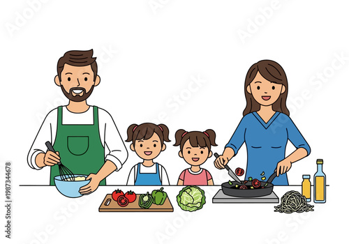 Happy Family Cooking Healthy Meal Together in Kitchen Illustration - Parents and Two Daughters Preparing Food at Home Vector