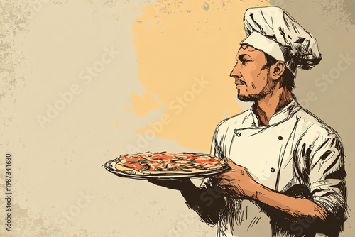 Kitchen scene with chef holding pizza, combining food preparation and presentation in a clean professional setting