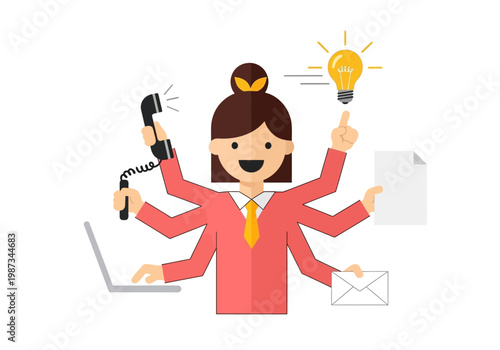 Multitasking Business Woman with Multiple Arms Managing Tasks Like Phone Calls, Emails, and Creative Ideas - Vector Illustration