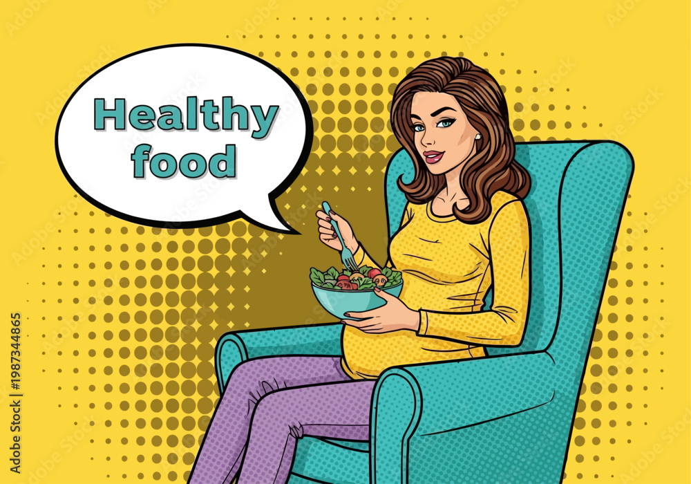 Fototapeta premium Pregnant Woman Eating Healthy Food Salad Illustration in Retro Pop Art Style - Wellness and Pregnancy Nutrition Concept