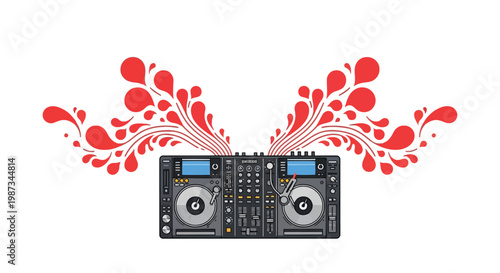 DJ turntables with abstract red splash effect for music events isolated on white background