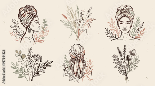 Elegant line art illustrations of diverse women in headwraps and floral bouquets, symbolizing beauty, nature, and natural style