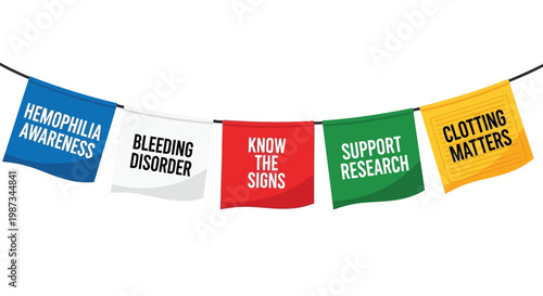 Hanging awareness banners for hemophilia and bleeding disorder support isolated on white background