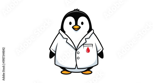 Cute cartoon penguin doctor in lab coat with blood drop symbol isolated on white background