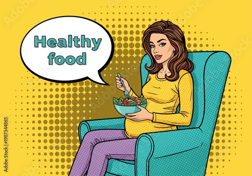 Pregnant Woman Eating Healthy Food Salad Illustration in Retro Pop Art Style - Wellness and Pregnancy Nutrition Concept