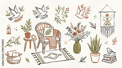 Bohemian living room decor with rattan chair, plants, rug, and wall hanging, cozy home interior illustration