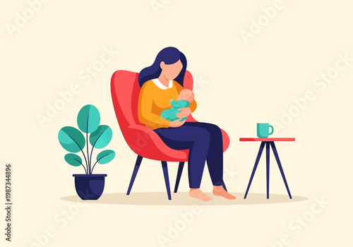 Mother Breastfeeding Baby in Armchair Flat Vector Illustration, Maternity and Parenting Concept