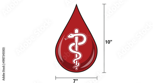 Medical symbol caduceus inside a red blood drop shape with dimensions isolated on white background