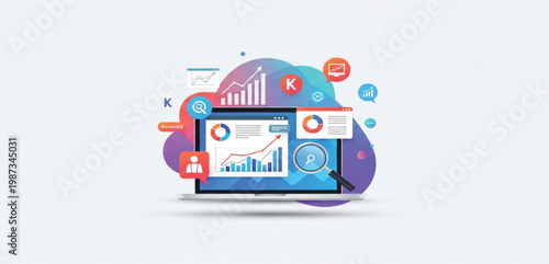SEO Analytics Dashboard on Laptop with Keyword Research Charts Search Engine Marketing Data Optimization Concept Illustration