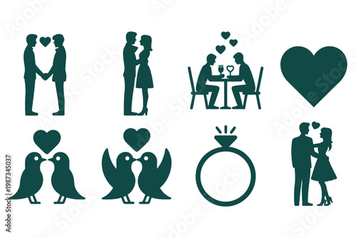 Collection of romantic wedding and love icons featuring couples rings hearts birds in flat teal silhouette vector style