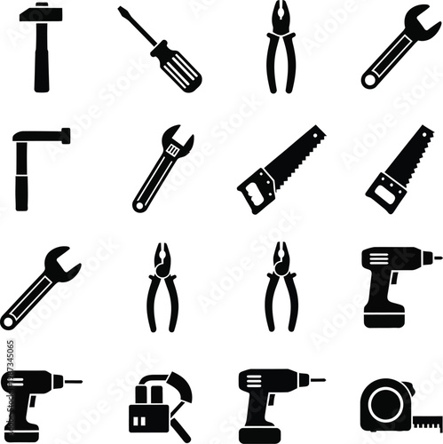 A collection of various tools on a white background