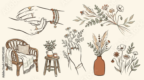 Bohemian hand drawn illustration of floral arrangements, cozy armchair, and delicate jewelry, evoking a serene and artistic lifestyle aesthetic