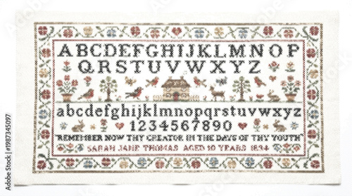 Alphabet sampler grid hand drawn wall decor pixel art cross stitch fabric design vector