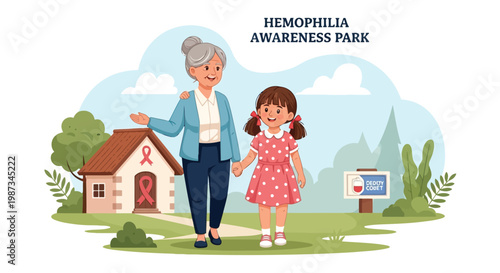 Grandmother and granddaughter walking hand in hand at hemophilia awareness park isolated on white background