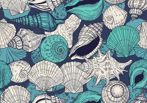 Seamless Vintage Seashell Pattern with Hand-Drawn Marine Shells in Turquoise and Teal Colors