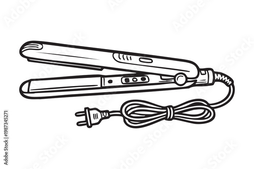 Ceramic hair straightener flat iron for styling and smoothing hair, ergonomic plates and power cord visible, salon tool for sleek finish and heat styling, beauty routine and professional care ambience