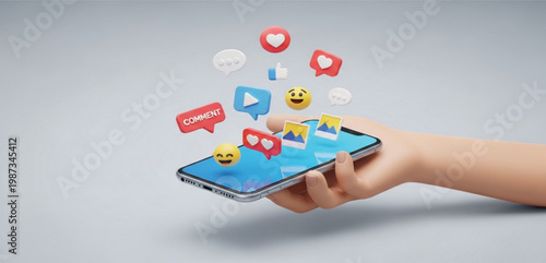 Social Media Engagement Concept with Smartphone Hand Likes Comments Emojis and Online Interaction Illustration