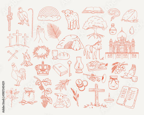 Christian Line Symbols Sketch, Religion Hand Drawn Art, Biblical symbols doodle