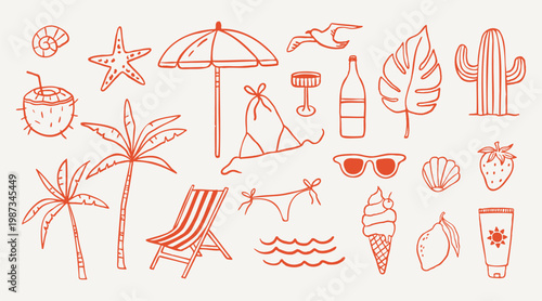 Hand draw summer collection. Palm, ice cream, sea. Crayon drawing style, Italian la dolce vita card