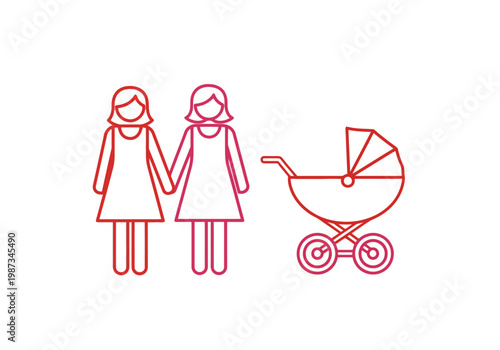 Minimalist Icon of a Lesbian Couple Holding Hands with a Baby Stroller, LGBTQ+ Family Concept Line Art Vector