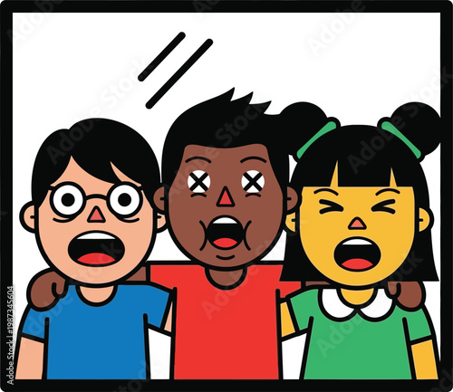 Diverse friends hugging, expressing shock and surprise with open mouths