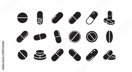 Medical pill and capsule icon set containing various tablet shapes for healthcare pharmacy and medicine design elements.