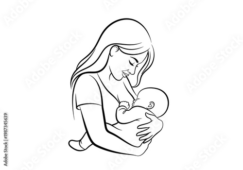 Mother Breastfeeding Baby Line Art Illustration, Minimalist Motherhood and Nursing Sketch