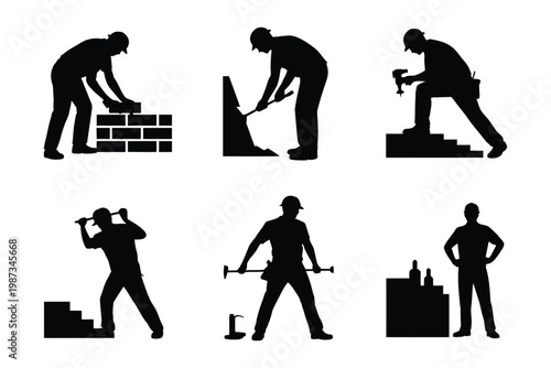 Professional construction worker silhouette set showing building tasks and manual labor activities in vector graphic