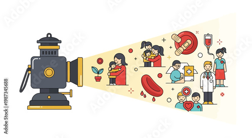 Camera projecting icons of healthcare and family love concepts isolated on white background