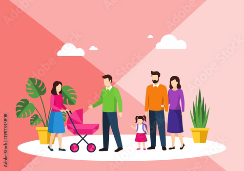 Flat Vector Illustration of Happy Families with Children and Baby Stroller in a Modern Park Setting with Potted Plants and Pink Geometric Background