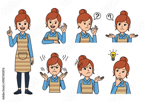 Cartoon Female Worker Character Set with Various Poses and Facial Expressions in Apron